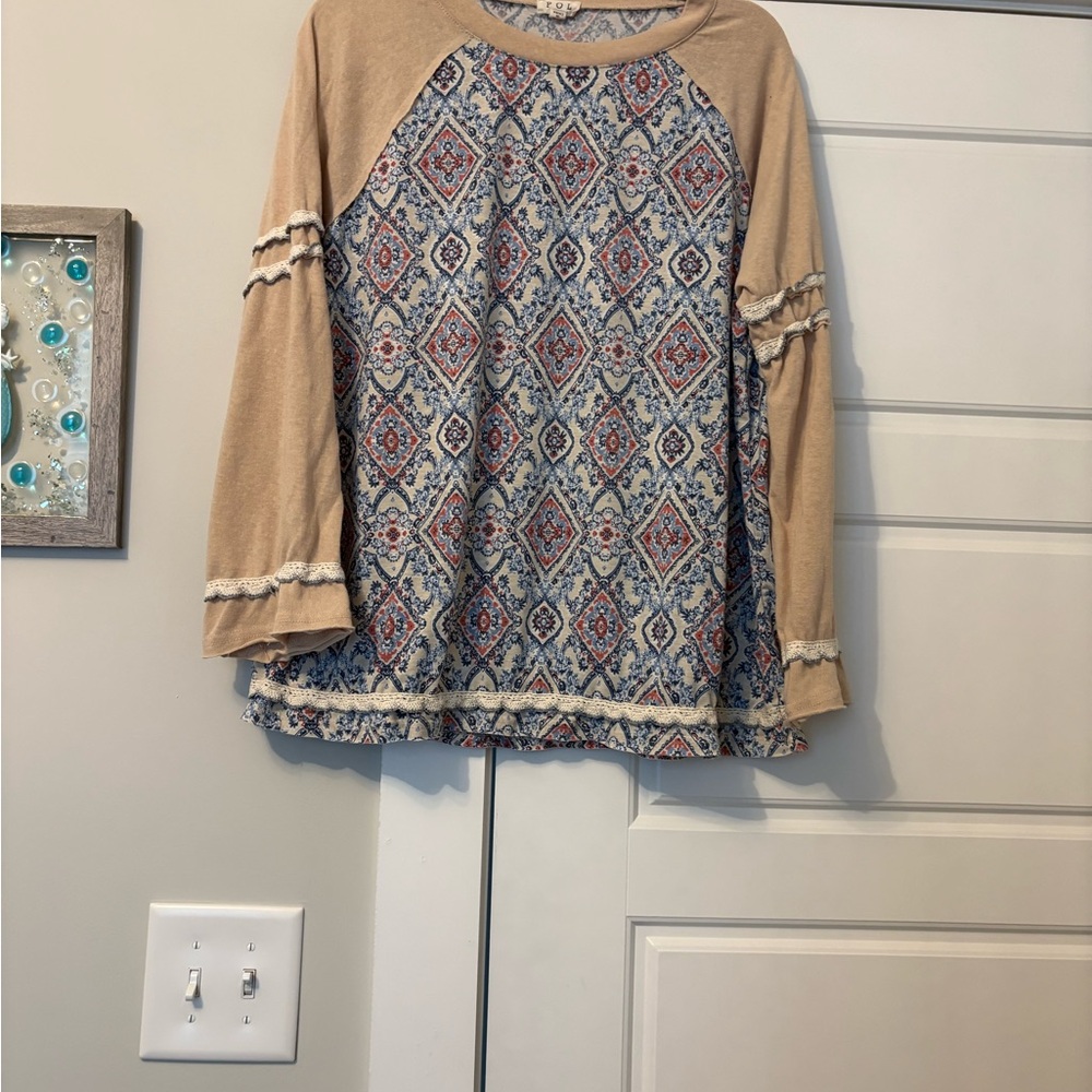 POL Beige Raglan Long-Sleeve Top with Blue Patterned Front
